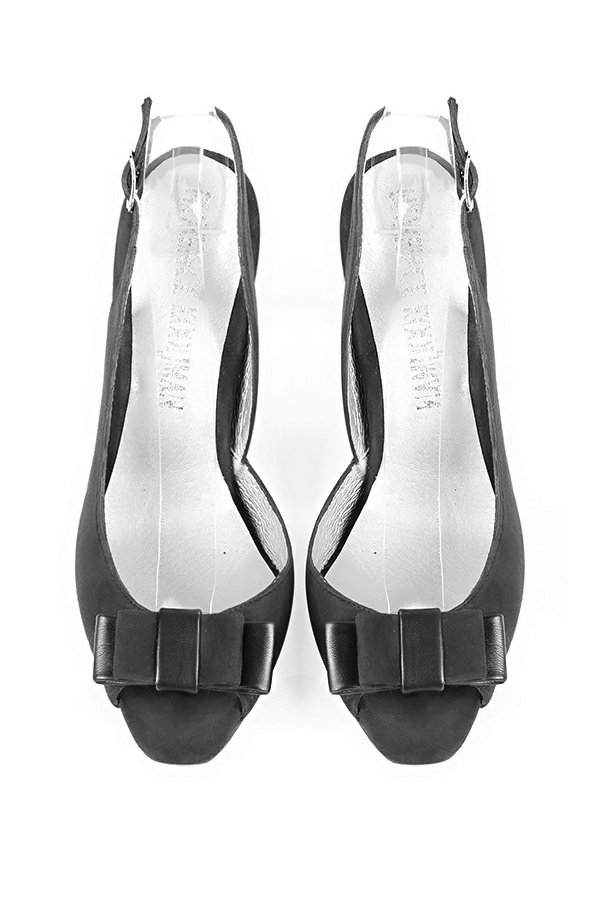 Dark grey women's slingback sandals. Round toe. High spool heels. Top view - Florence KOOIJMAN